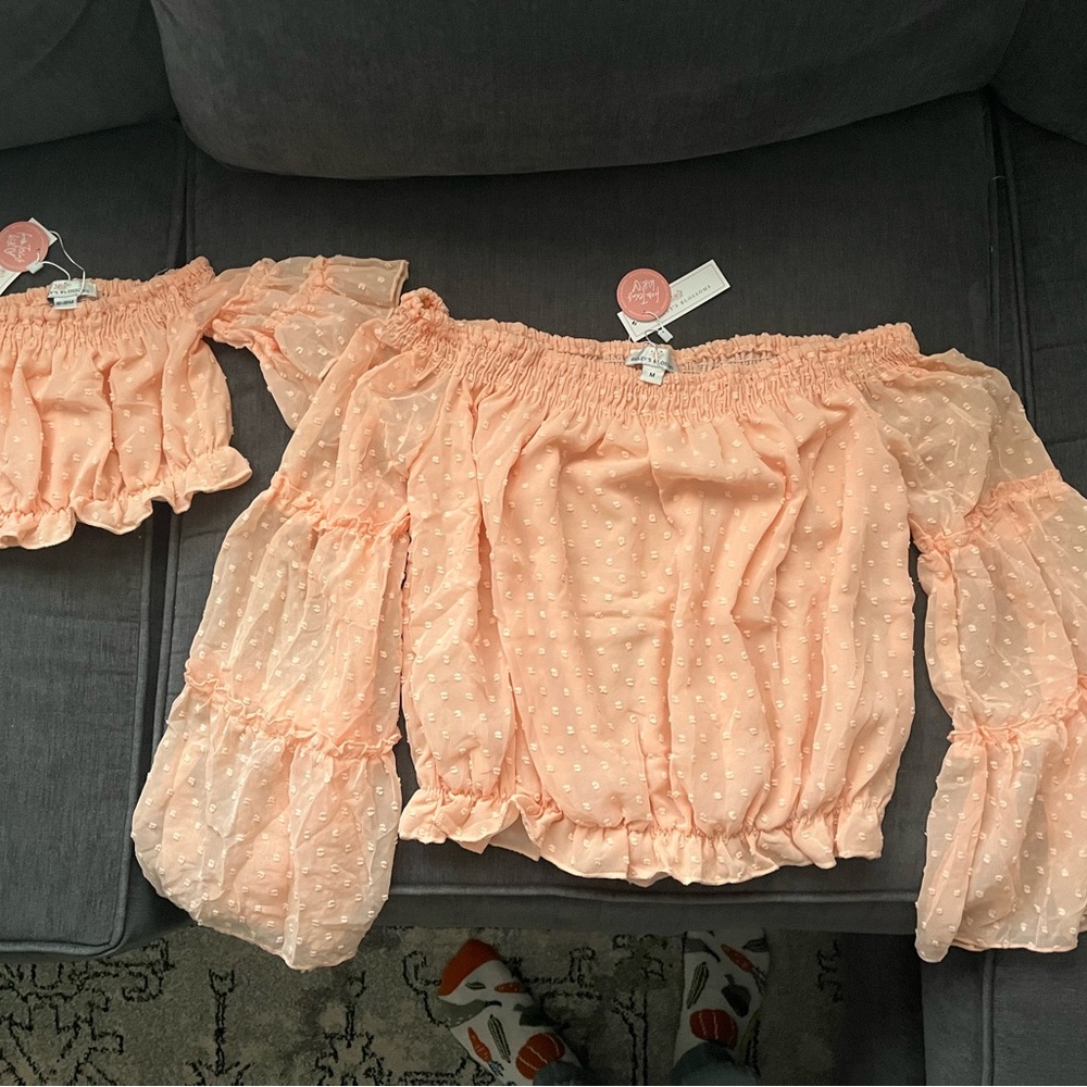 Peach Off-Shoulder Blouse with Polka Dots